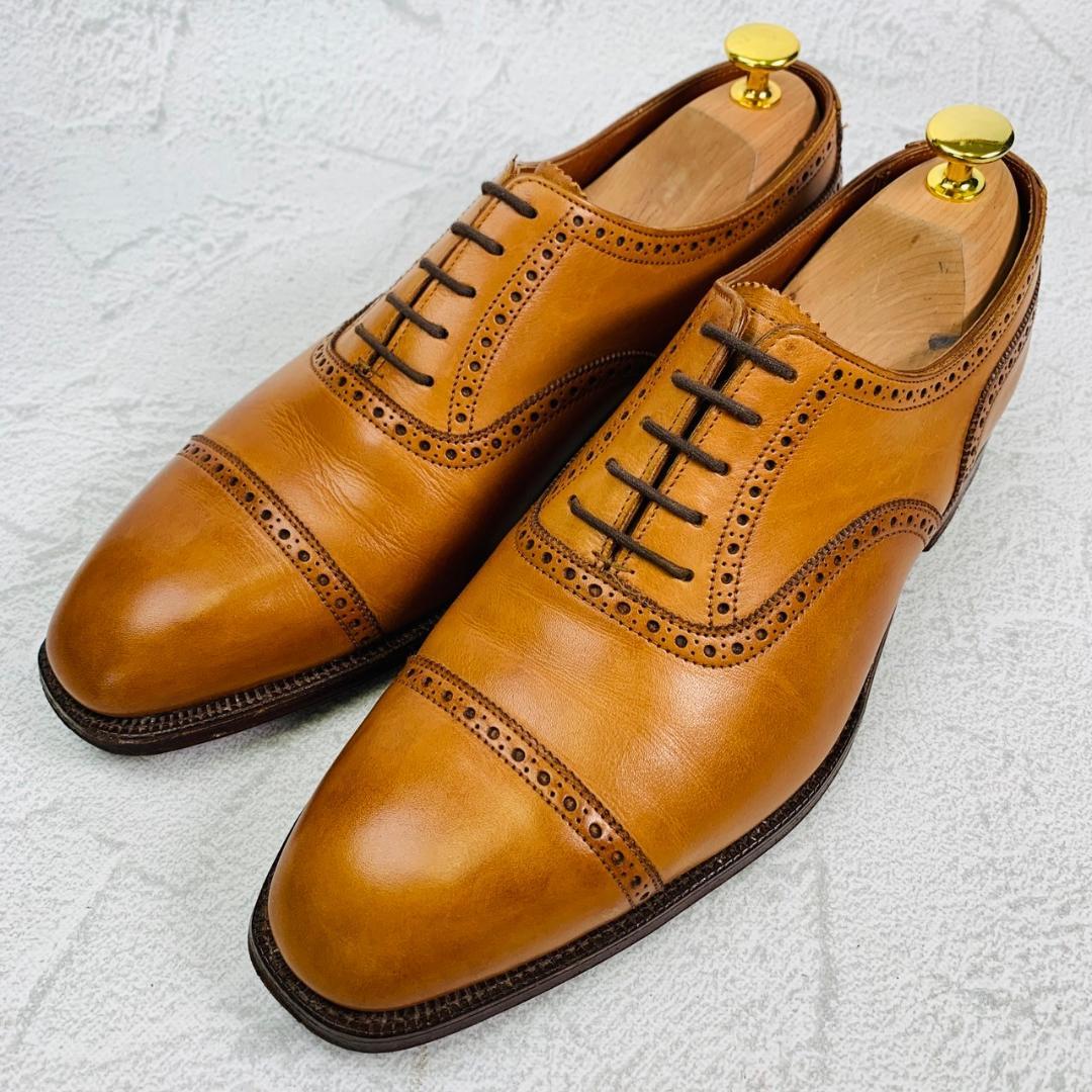 【美品】Crockett&Jones クロケットアンドジョーンズ パンチドキャップ 内羽根 伏せ縫い ハンドグレード 茶 ライトブラウン UK6.5 / 25cm【W2779】