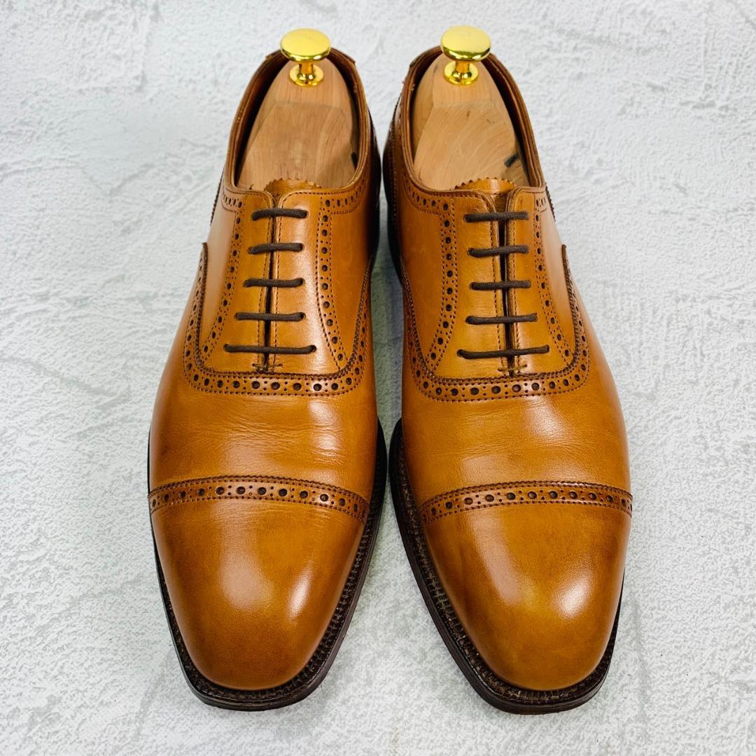 【美品】Crockett&Jones クロケットアンドジョーンズ パンチドキャップ 内羽根 伏せ縫い ハンドグレード 茶 ライトブラウン UK6.5 / 25cm【W2779】