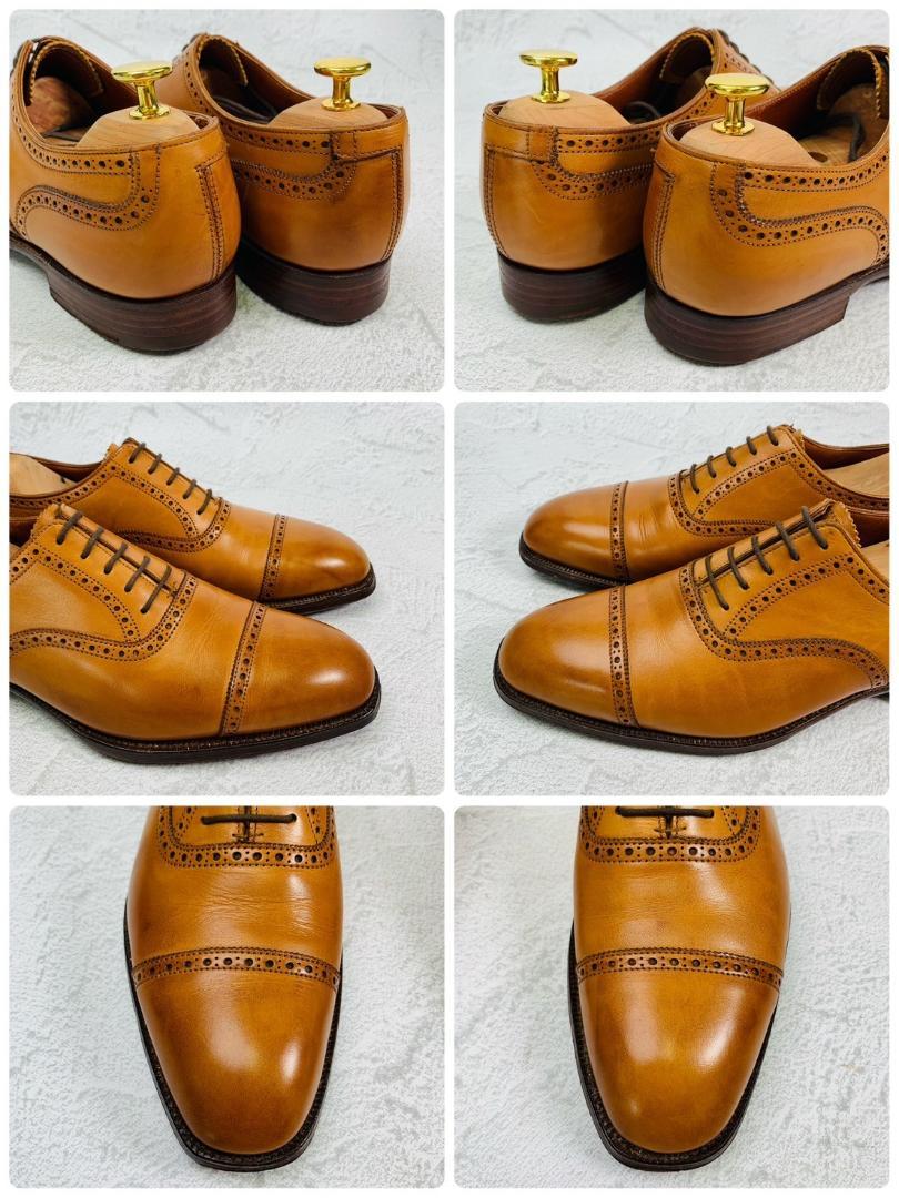 【美品】Crockett&Jones クロケットアンドジョーンズ パンチドキャップ 内羽根 伏せ縫い ハンドグレード 茶 ライトブラウン UK6.5 / 25cm【W2779】
