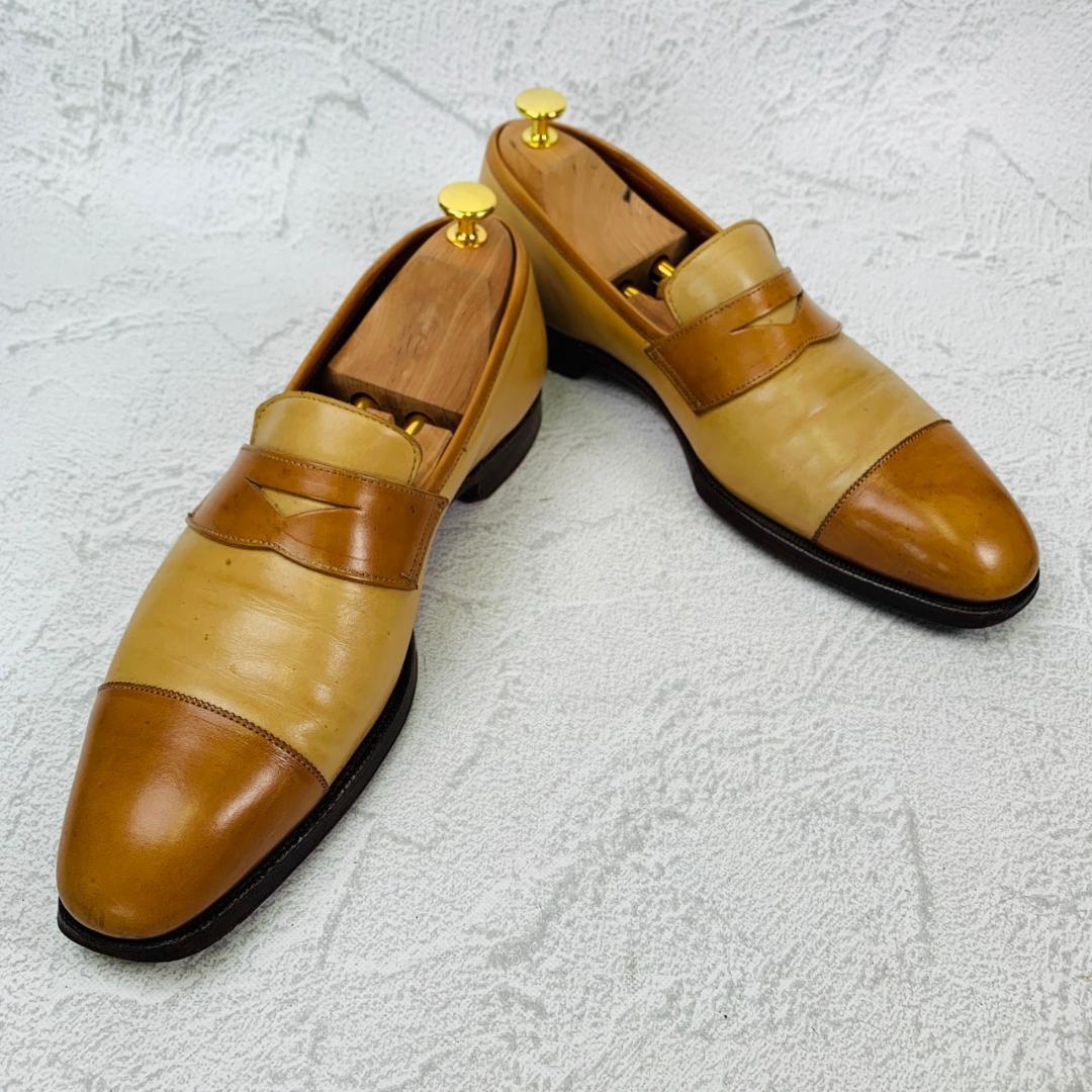 Crockett&Jones クロケットアンドジョーンズ ACTON アクトン バイカラー コインローファー 茶 ライトブラウン ベージュ UK7.5 / 26cm【W2760】