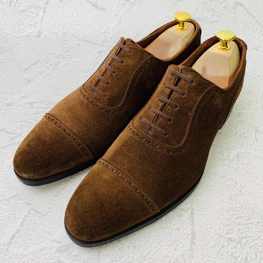 【良品】Crockett&Jones クロケットアンドジョーンズ ハンドグレードライン パンチドキャップ 内羽根 スエード 濃茶 ブラウン UK7.5 / 26cm【W2656】