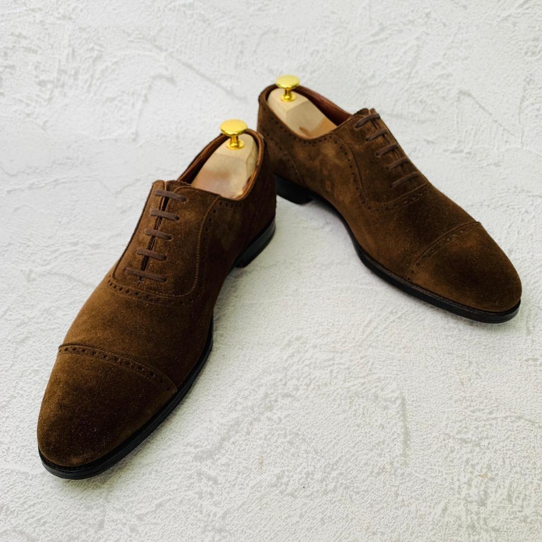 【良品】Crockett&Jones クロケットアンドジョーンズ ハンドグレードライン パンチドキャップ 内羽根 スエード 濃茶 ブラウン UK7.5 / 26cm【W2656】