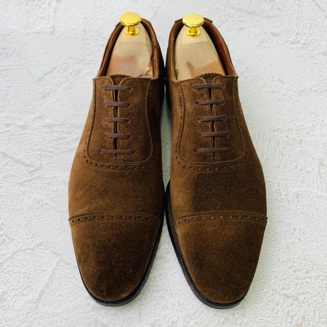 【良品】Crockett&Jones クロケットアンドジョーンズ ハンドグレードライン パンチドキャップ 内羽根 スエード 濃茶 ブラウン UK7.5 / 26cm【W2656】