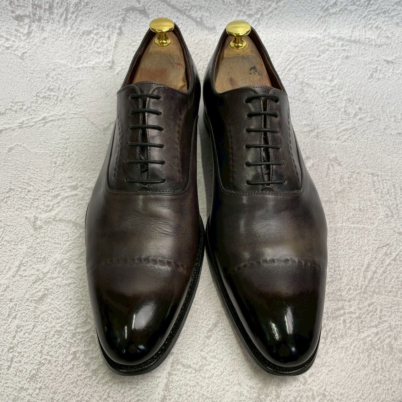 【良品】HARRIS ハリス プレーントゥ 内羽根 パティーヌ グレー 黒 ブラック EUR42 / 26.5cm【W3358】