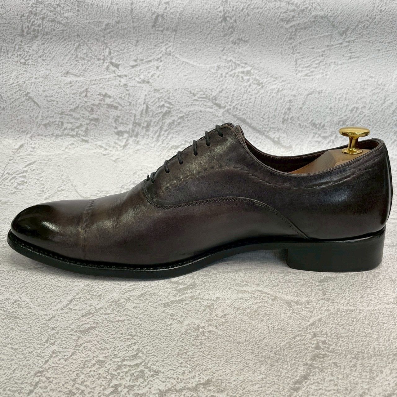 【良品】HARRIS ハリス プレーントゥ 内羽根 パティーヌ グレー 黒 ブラック EUR42 / 26.5cm【W3358】