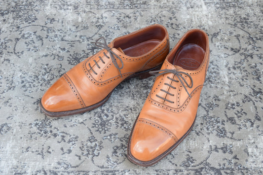 【美品】Crockett&Jones クロケットアンドジョーンズ パンチドキャップ 内羽根 伏せ縫い ハンドグレード 茶 ライトブラウン UK6.5 / 25cm【W2779】