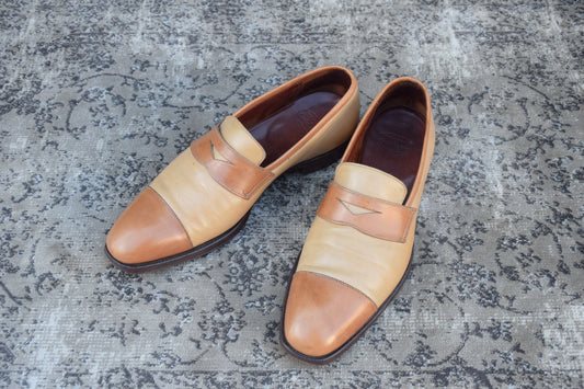 Crockett&Jones クロケットアンドジョーンズ ACTON アクトン バイカラー コインローファー 茶 ライトブラウン ベージュ UK7.5 / 26cm【W2760】