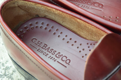 【美品】G.H.BASS ジーエイチバス Logan ローガン ハーフサドル コインローファー 赤茶 バーガンディ 90年代 USA製 US8 / 26.0cm【W3383】