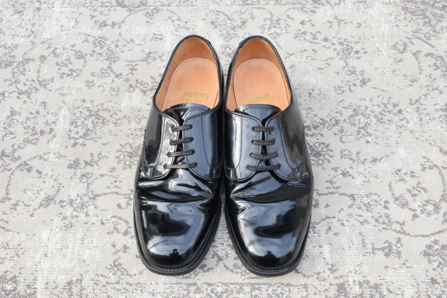 SANDERS 8686 patent leather plain lacing 4-eye leather sole black UK 7.5 / size 26.5-27cm [W3465]