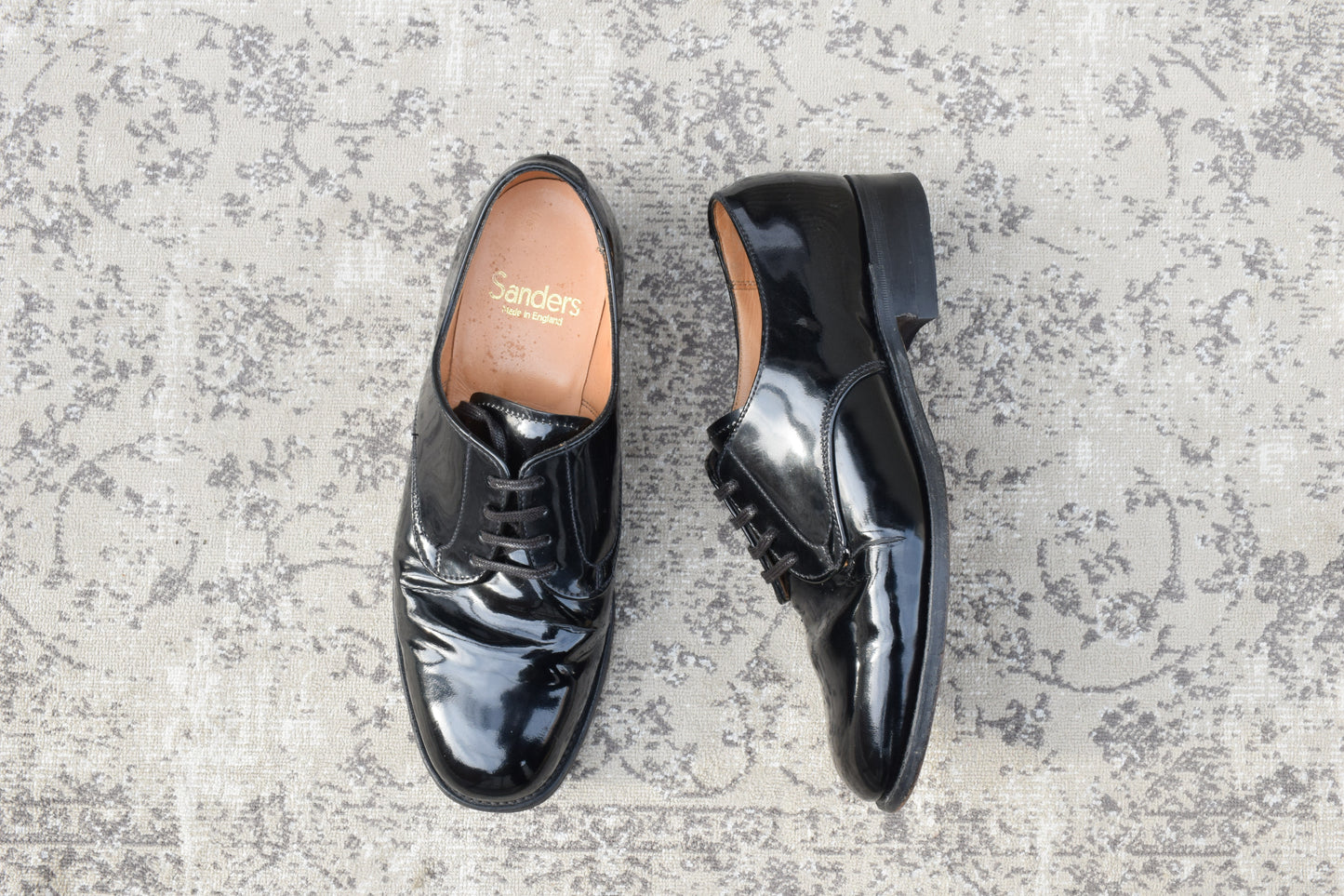 SANDERS 8686 patent leather plain lacing 4-eye leather sole black UK 7.5 / size 26.5-27cm [W3465]