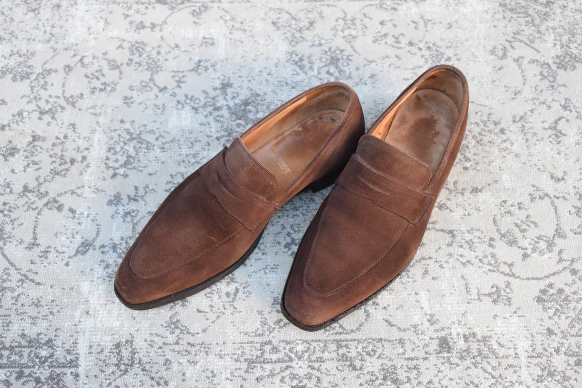 Crockett&Jones クロケットアンドジョーンズ｜RUTLAND ラトランド｜コインローファー スエード ハーフサドル スクエアトゥ ブラウン UK6 / 24.5cm 英国靴 W3639