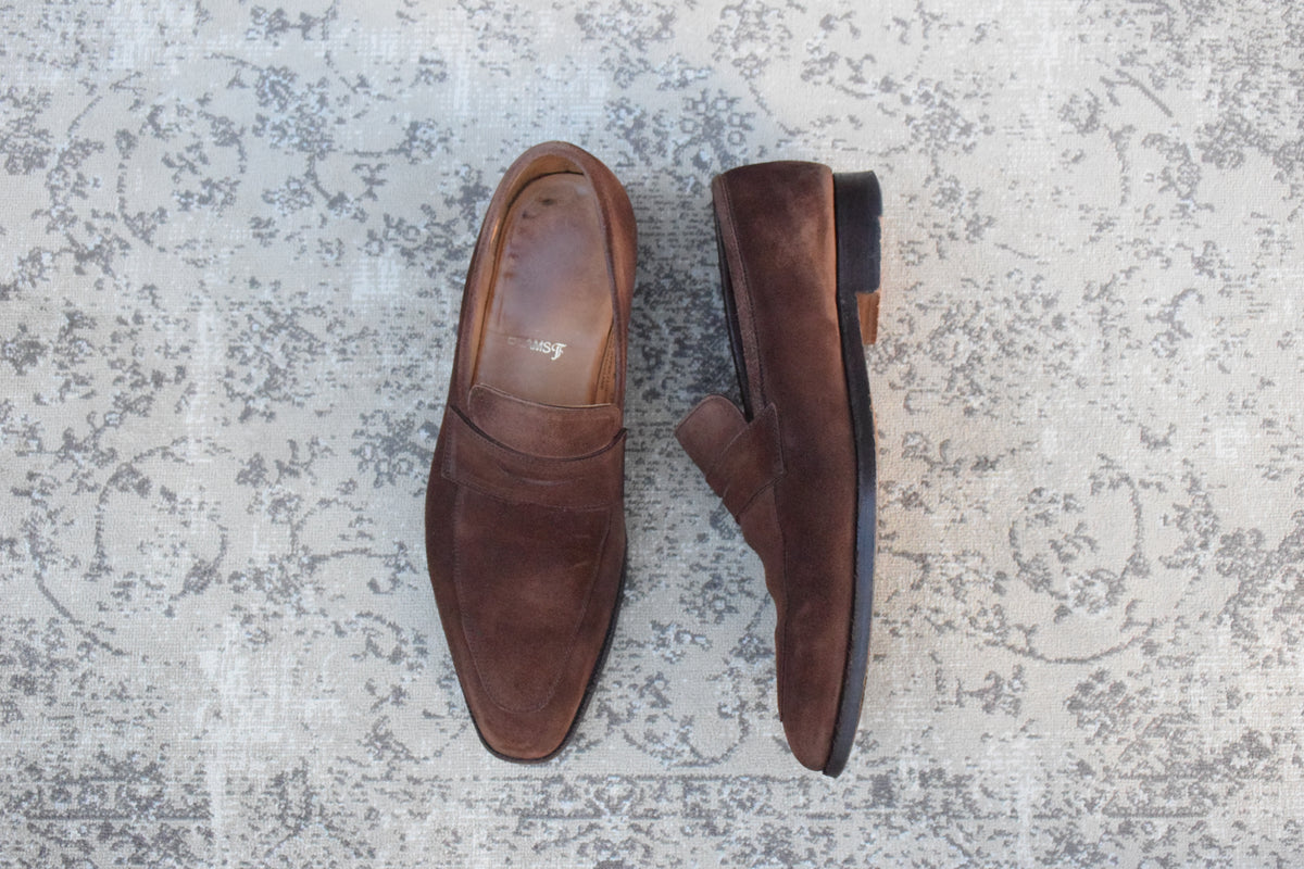 Crockett&Jones クロケットアンドジョーンズ｜RUTLAND ラトランド｜コインローファー スエード ハーフサドル スクエアトゥ ブラウン UK6 / 24.5cm 英国靴 W3639