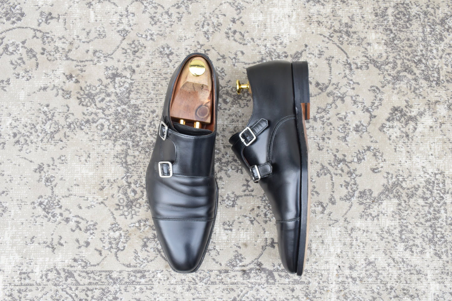 【美品・染め替え】CROCKETT&JONES クロケットアンドジョーンズ Double Monk Strap ダブルモンク ストレート ハンドグレード 黒 ブラック UK8 / 26.5cm【Ｗ3509】