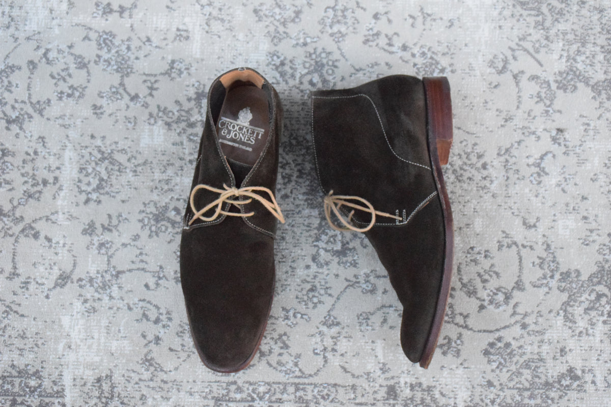 Crockett&Jones クロケットアンドジョーンズ｜CHUKKA チャッカ｜ブラウン×カーキ UK7.5D / 26cm アンライニング スエード レザーソール 英国靴 良品 W3649