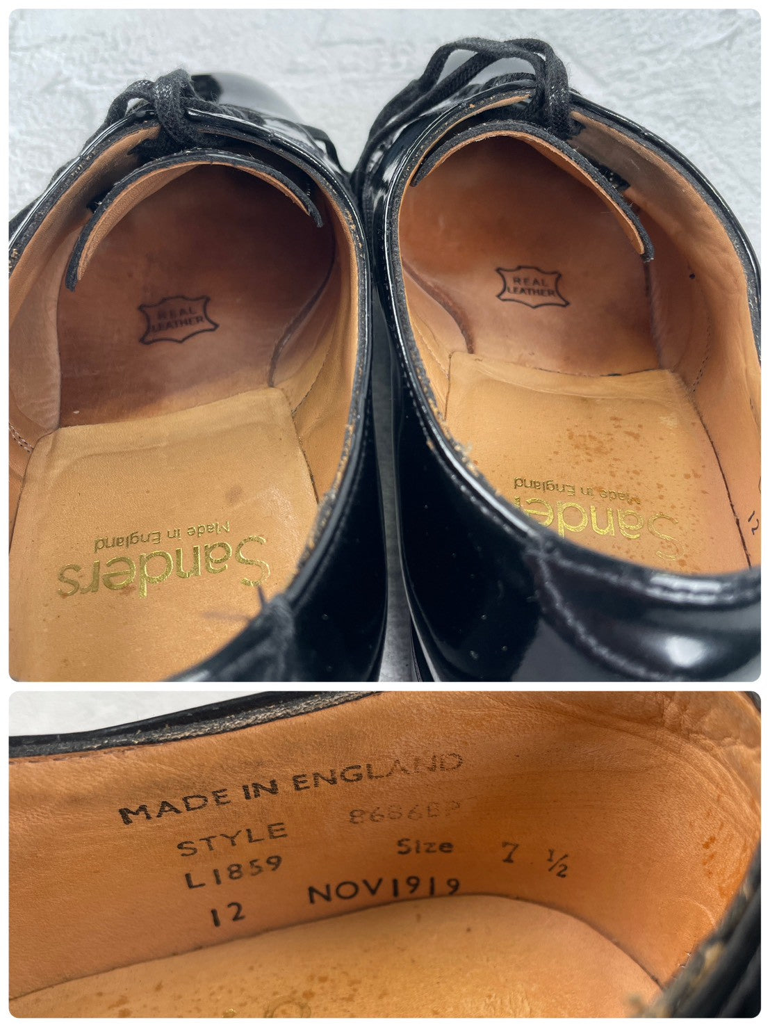 SANDERS 8686 patent leather plain lacing 4-eye leather sole black UK 7.5 / size 26.5-27cm [W3465]