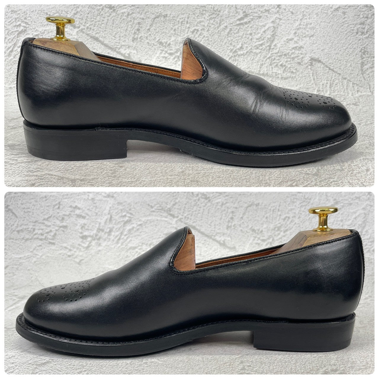 【良品】SANDERS サンダース 9756BW Slip-on Shoes スリッポン ローファー メダリオン ブローグ 黒 ブラック UK7 / 25.5cm【Ｗ3503】