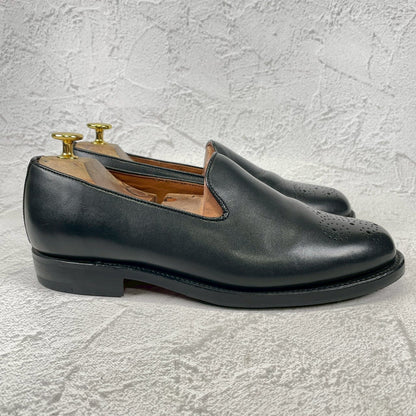 【良品】SANDERS サンダース 9756BW Slip-on Shoes スリッポン ローファー メダリオン ブローグ 黒 ブラック UK7 / 25.5cm【Ｗ3503】