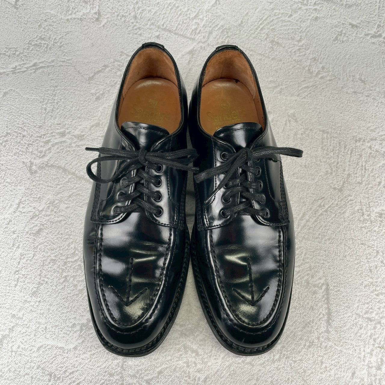 【美品】SANDERS サンダース 1137 APRON DERBY BROAD ARROW ブロードアローエプロンダービー Uチップ 外羽根 黒 ブラック UK5.5 / 24.5cm【W3529】