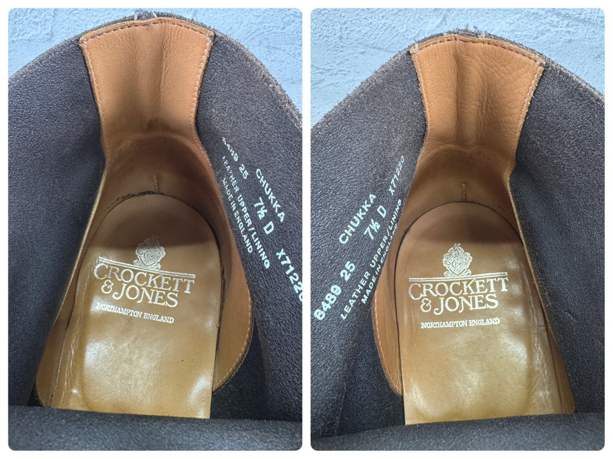 Crockett&Jones クロケットアンドジョーンズ｜CHUKKA チャッカ｜ブラウン×カーキ UK7.5D / 26cm アンライニング スエード レザーソール 英国靴 良品 W3649