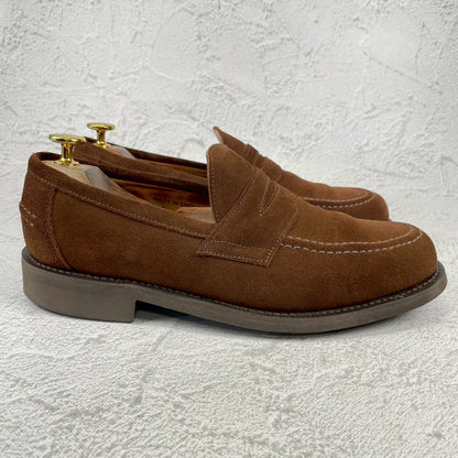 【美品】SANDERS サンダース 9319SS コインローファー ハーフサドル スエード 茶 ブラウン UK7 / 25.5cm【Ｗ3522】