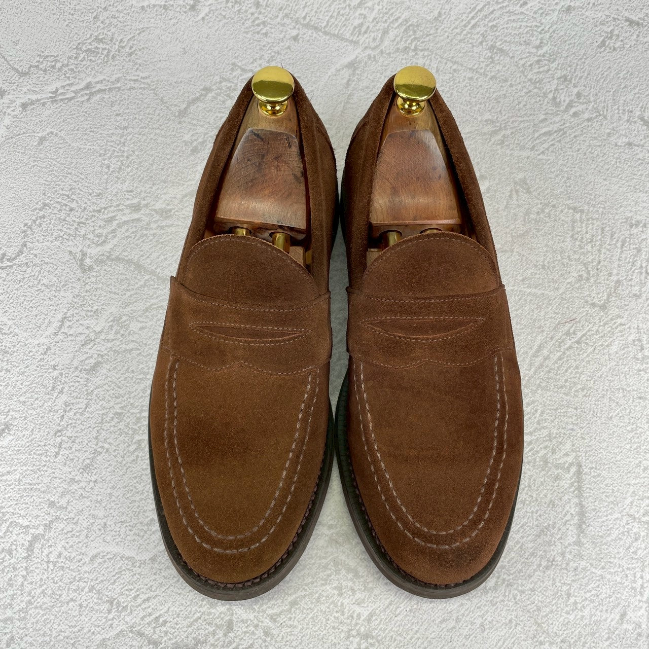 【美品】SANDERS サンダース 9319SS コインローファー ハーフサドル スエード 茶 ブラウン UK7 / 25.5cm【Ｗ3522】