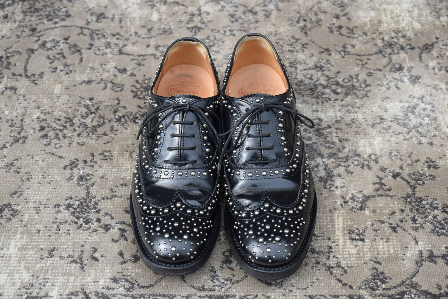【美品】CHURCH'S チャーチ BURWOOD MET バーウッドメット ウイング 内羽根 スタッズ プラダ 黒 ブラック EU35.5 / 約22.5cm【W3356】