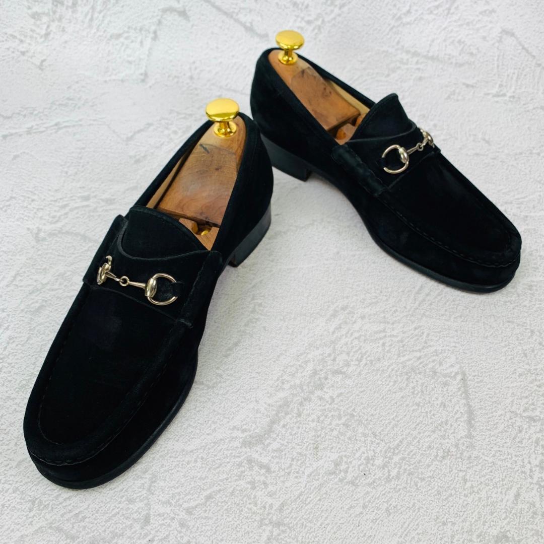 【良品】GUCCI ホースビットローファー スエード シルバー金具 黒 7.5