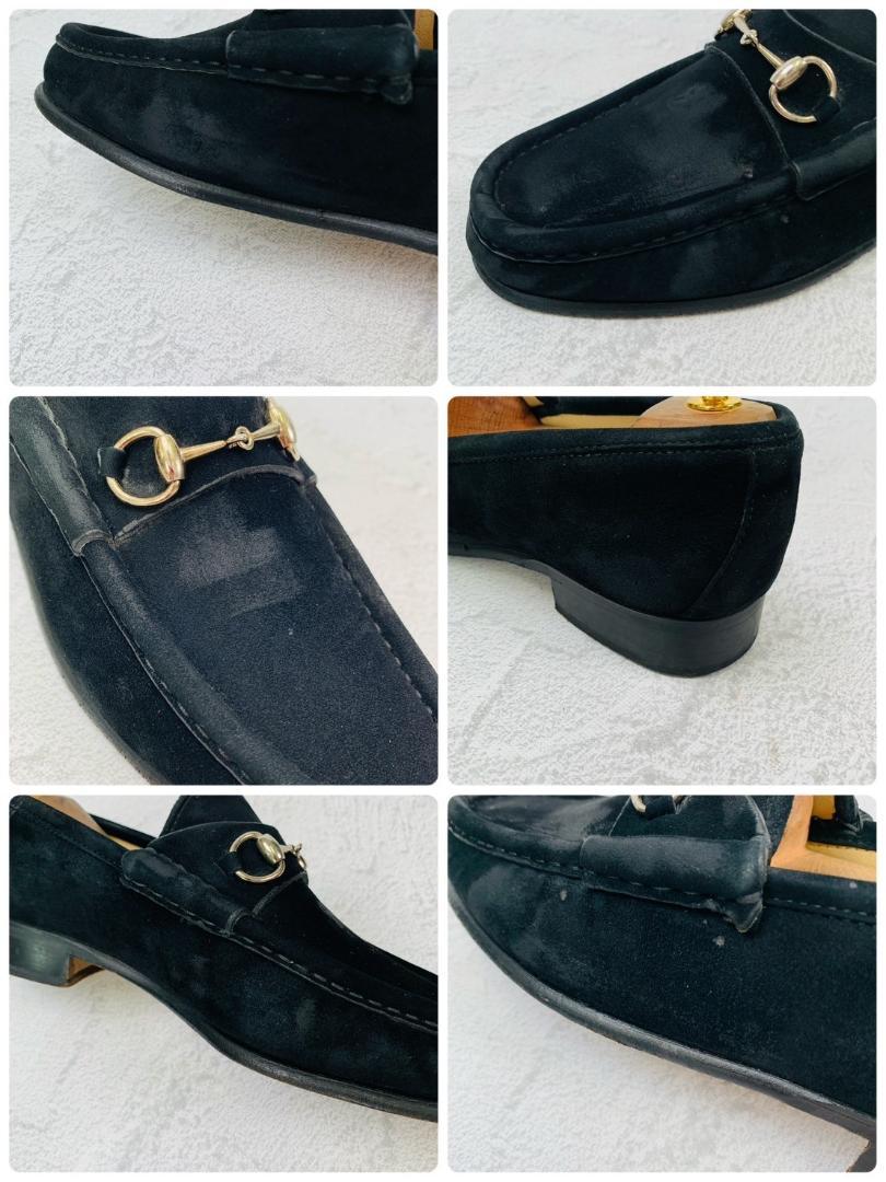 【良品】GUCCI ホースビットローファー スエード シルバー金具 黒 7.5