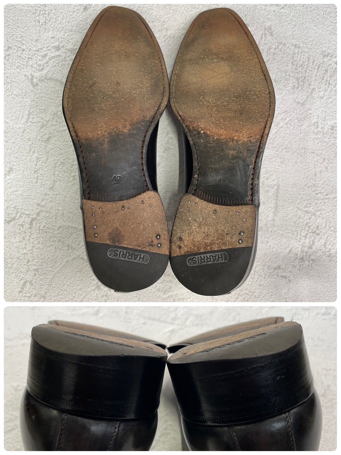 【良品】HARRIS ハリス プレーントゥ 内羽根 パティーヌ グレー 黒 ブラック EUR42 / 26.5cm【W3358】