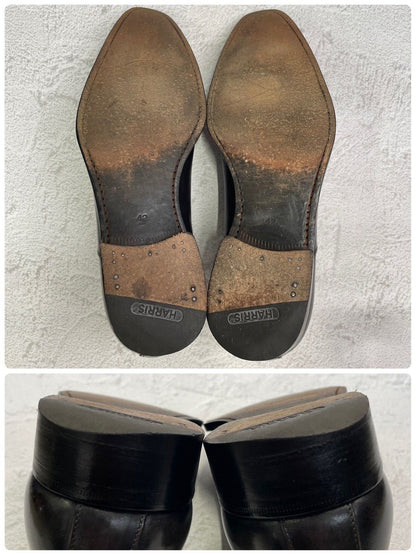 【良品】HARRIS ハリス プレーントゥ 内羽根 パティーヌ グレー 黒 ブラック EUR42 / 26.5cm【W3358】