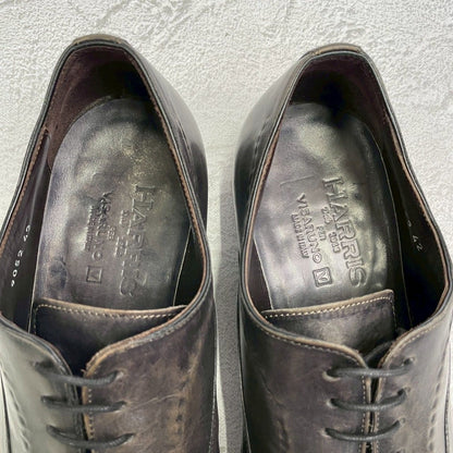 【良品】HARRIS ハリス プレーントゥ 内羽根 パティーヌ グレー 黒 ブラック EUR42 / 26.5cm【W3358】