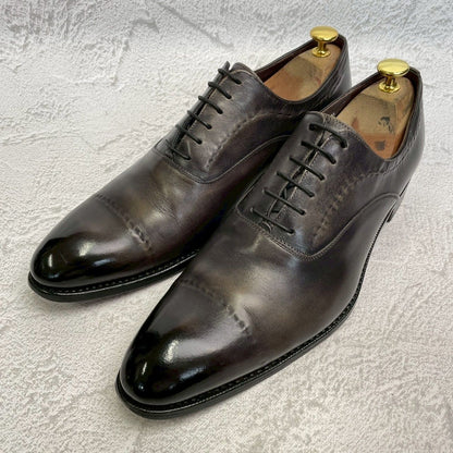 【良品】HARRIS ハリス プレーントゥ 内羽根 パティーヌ グレー 黒 ブラック EUR42 / 26.5cm【W3358】