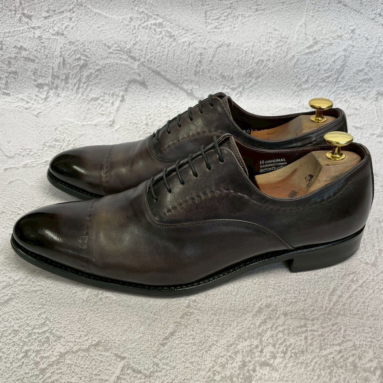 【良品】HARRIS ハリス プレーントゥ 内羽根 パティーヌ グレー 黒 ブラック EUR42 / 26.5cm【W3358】